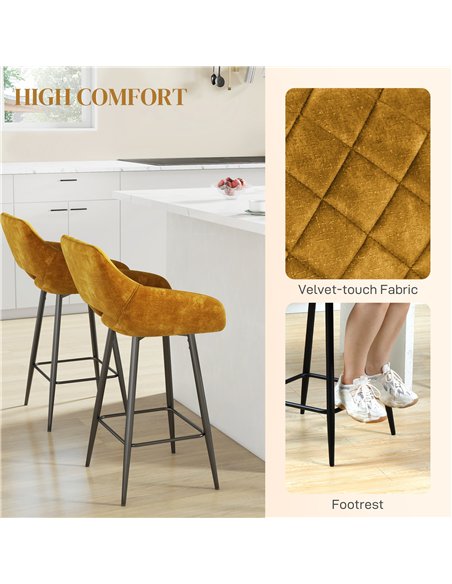 HOMCOM Set of Two Velvet-Feel Bar Stools - Brown