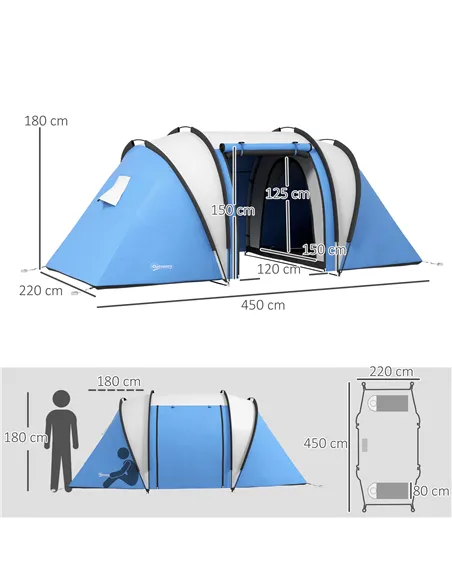 Outsunny Two-Man Tent, with Bedrooms, Living Room and Canopy - Blue