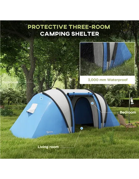 Outsunny Two-Man Tent, with Bedrooms, Living Room and Canopy - Blue