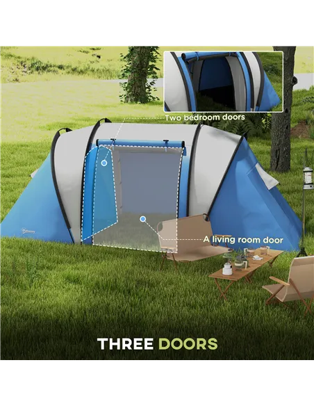 Outsunny Two-Man Tent, with Bedrooms, Living Room and Canopy - Blue