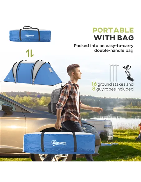 Outsunny Two-Man Tent, with Bedrooms, Living Room and Canopy - Blue