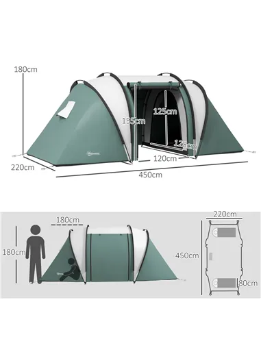 Outsunny Two-Man Tent, with Bedrooms, Living Room and Canopy - Dark Green
