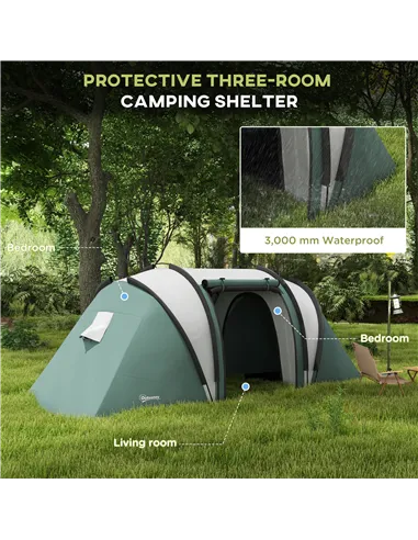 Outsunny Two-Man Tent, with Bedrooms, Living Room and Canopy - Dark Green