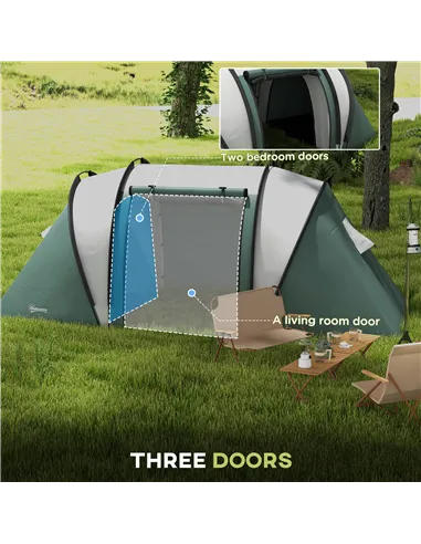 Outsunny Two-Man Tent, with Bedrooms, Living Room and Canopy - Dark Green