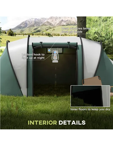 Outsunny Two-Man Tent, with Bedrooms, Living Room and Canopy - Dark Green