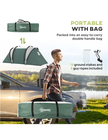 Outsunny Two-Man Tent, with Bedrooms, Living Room and Canopy - Dark Green
