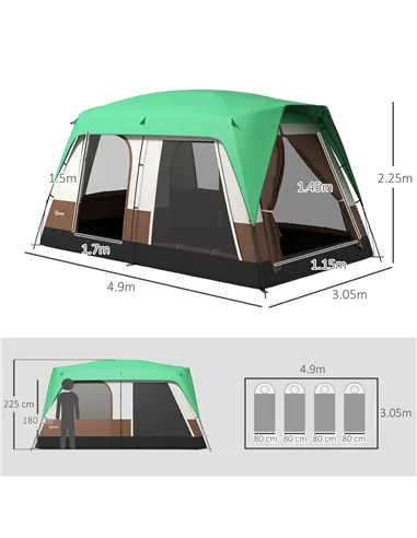 Outsunny Six-Man Camping Tent, with Small Rainfly and Accessories - Green