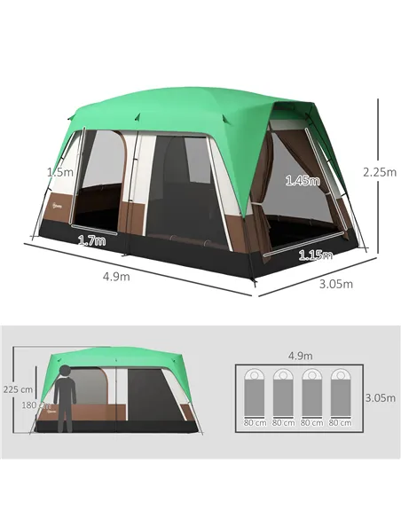 Outsunny Six-Man Camping Tent, with Small Rainfly and Accessories - Green