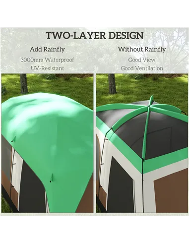 Outsunny Six-Man Camping Tent, with Small Rainfly and Accessories - Green