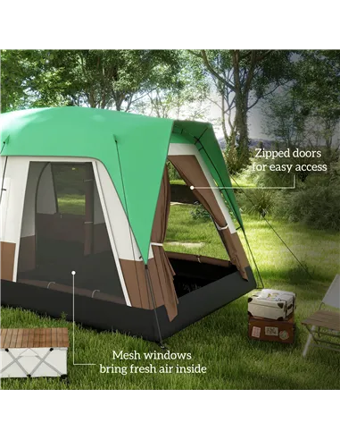 Outsunny Six-Man Camping Tent, with Small Rainfly and Accessories - Green