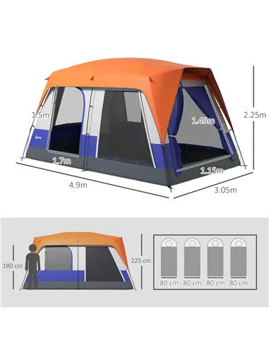 Outsunny Six-Man Camping Tent, with Small Rainfly and Accessories - Orange