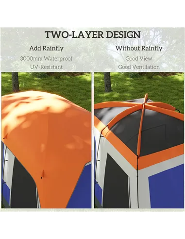 Outsunny Six-Man Camping Tent, with Small Rainfly and Accessories - Orange