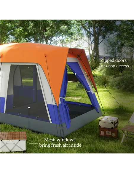Outsunny Six-Man Camping Tent, with Small Rainfly and Accessories - Orange