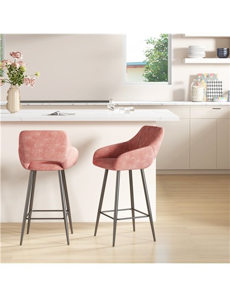 HOMCOM Set of Two Velvet-Feel Bar Stools - Pink