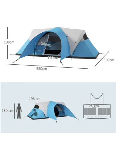 Outsunny 3000mm Waterproof Camping Tent for 5-6 Man, Family Tent with Porch and Sewn in Groundsheet, Portable with Bag, Blue