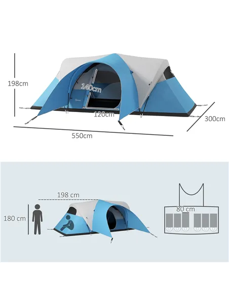 Outsunny 3000mm Waterproof Camping Tent for 5-6 Man, Family Tent with Porch and Sewn in Groundsheet, Portable with Bag, Blue