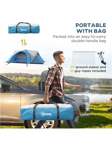 Outsunny 3000mm Waterproof Camping Tent for 5-6 Man, Family Tent with Porch and Sewn in Groundsheet, Portable with Bag, Blue