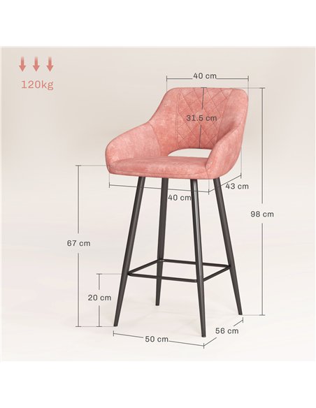 HOMCOM Set of Two Velvet-Feel Bar Stools - Pink