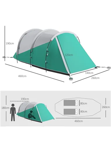 Outsunny Three-Man, 3000mm Water-Resistant Two-Room Tunnel Tent - Green