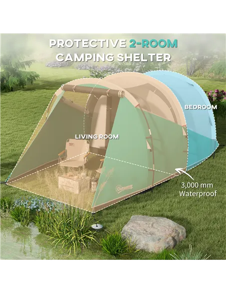 Outsunny Three-Man, 3000mm Water-Resistant Two-Room Tunnel Tent - Green