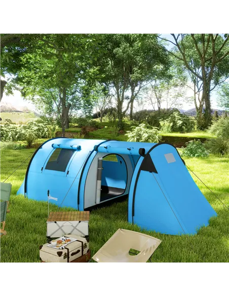Outsunny Four Man Duo Room Tunnel Tent, with Accessories - Sky Blue