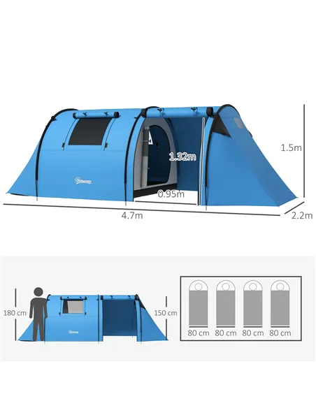 Outsunny Four Man Duo Room Tunnel Tent, with Accessories - Sky Blue