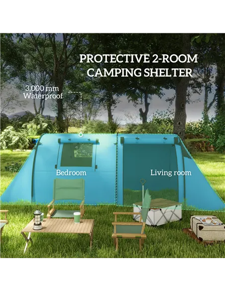 Outsunny Four Man Duo Room Tunnel Tent, with Accessories - Sky Blue