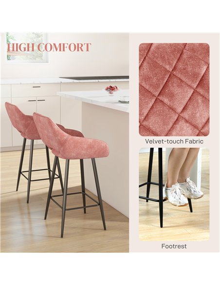 HOMCOM Set of Two Velvet-Feel Bar Stools - Pink