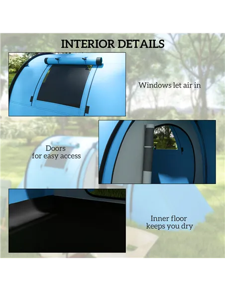 Outsunny Four Man Duo Room Tunnel Tent, with Accessories - Sky Blue