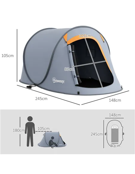 Outsunny Two-Man Pop-Up Dome Tent, with Accessories - Grey