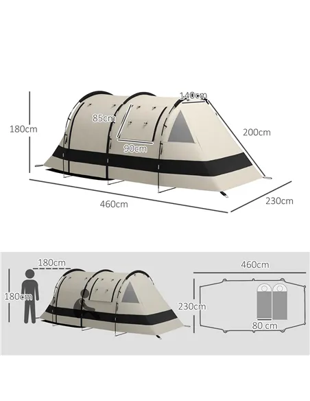 Outsunny Four Man, Two Room Blackout Tent, with Accessories - Khaki