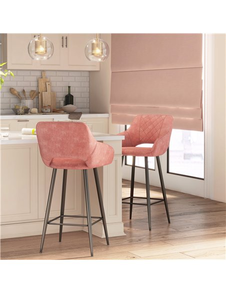 HOMCOM Set of Two Velvet-Feel Bar Stools - Pink