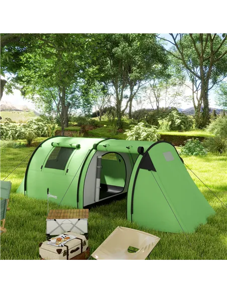 Outsunny Four Man Duo Room Tunnel Tent, with Accessories - Green