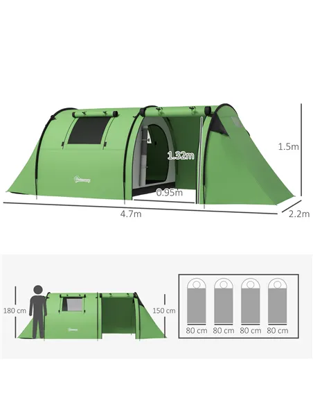 Outsunny Four Man Duo Room Tunnel Tent, with Accessories - Green