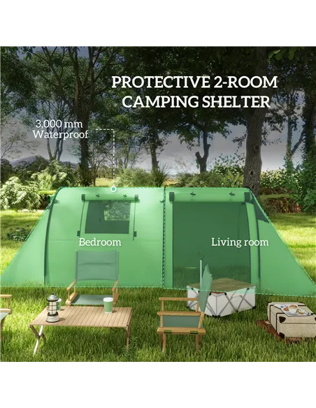 Outsunny Four Man Duo Room Tunnel Tent, with Accessories - Green