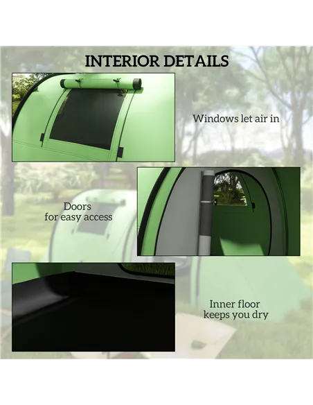Outsunny Four Man Duo Room Tunnel Tent, with Accessories - Green