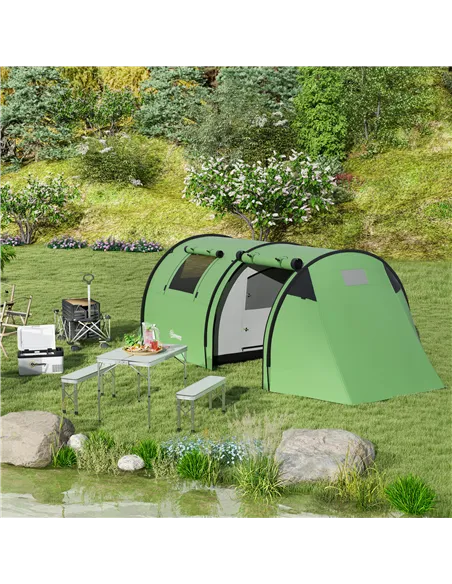 Outsunny Four Man Duo Room Tunnel Tent, with Accessories - Green