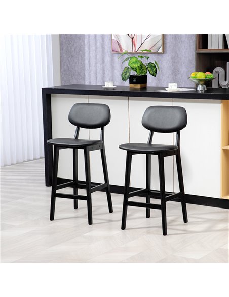 HOMCOM Set of Two Wooden Classic Bar Stools, with Faux Leather Seats - Black