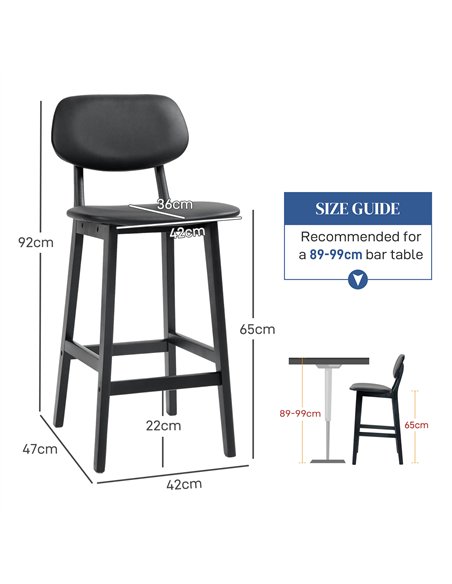 HOMCOM Set of Two Wooden Classic Bar Stools, with Faux Leather Seats - Black