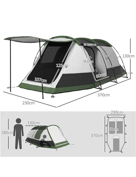 Outsunny Three-Man Camping Tent, with Two Rooms and Porch - Green