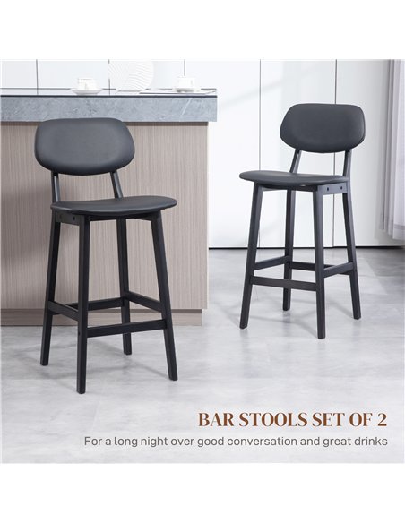 HOMCOM Set of Two Wooden Classic Bar Stools, with Faux Leather Seats - Black