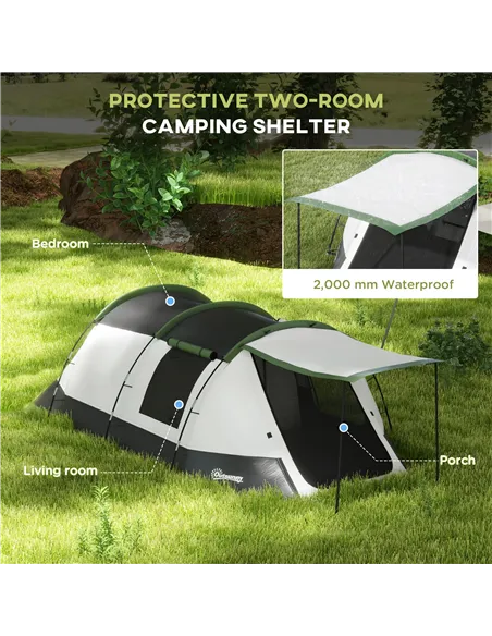Outsunny Three-Man Camping Tent, with Two Rooms and Porch - Green