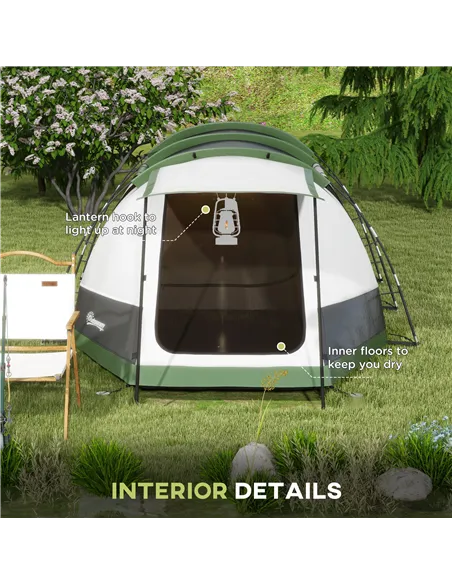 Outsunny Three-Man Camping Tent, with Two Rooms and Porch - Green