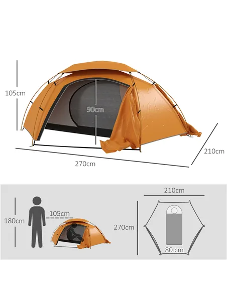 Outsunny Aluminium Frame Camping Tent Dome Tent with Removable Rainfly, 2000mm Waterproof, for 1-2 Man, Orange