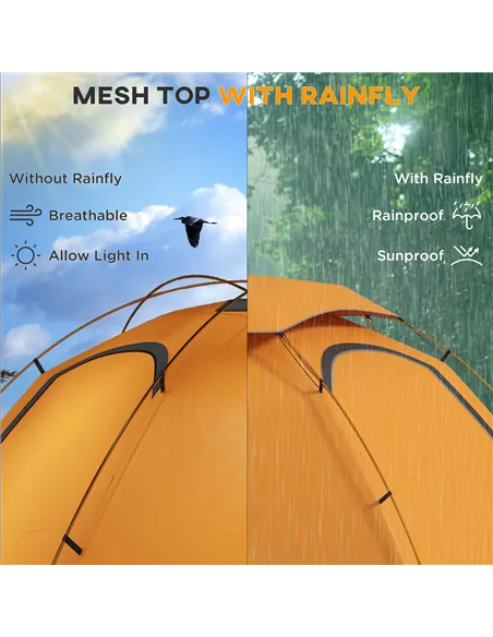 Outsunny Aluminium Frame Camping Tent Dome Tent with Removable Rainfly, 2000mm Waterproof, for 1-2 Man, Orange
