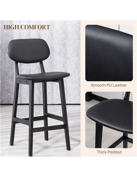 HOMCOM Set of Two Wooden Classic Bar Stools, with Faux Leather Seats - Black