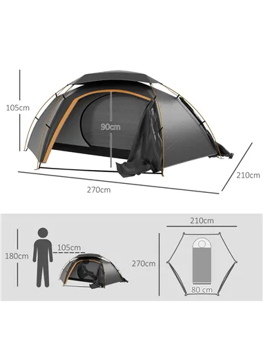 Outsunny Aluminium Frame Camping Tent Dome Tent with Removable Rainfly, 2000mm Waterproof, for 1-2 Man, Grey