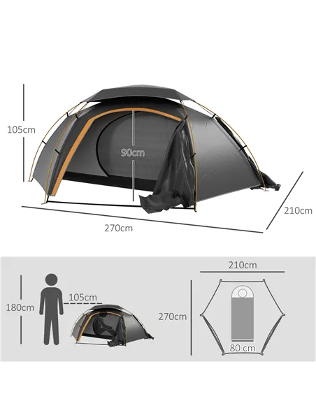 Outsunny Aluminium Frame Camping Tent Dome Tent with Removable Rainfly, 2000mm Waterproof, for 1-2 Man, Grey