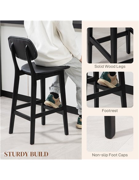 HOMCOM Set of Two Wooden Classic Bar Stools, with Faux Leather Seats - Black