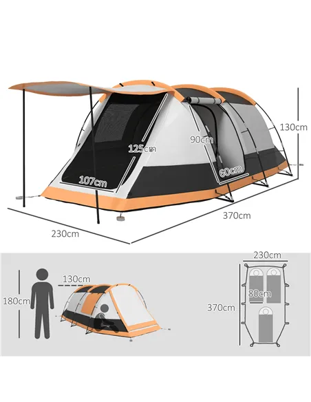 Outsunny Three-Man Camping Tent, with Two Rooms and Porch - Orange
